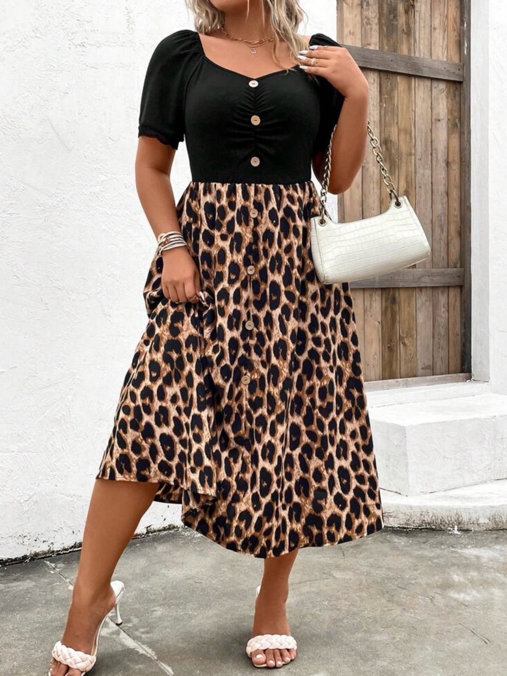 Black & Tan Leopard Midi Dress with Button Front Bodice